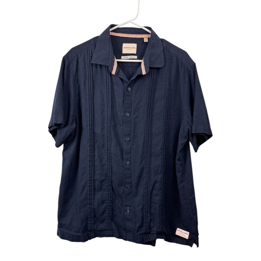 Scotch & Soda Size XL Linen Camp Collar Guayabera Button Up Shirt Size Navy Blue